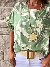 economico Magliette-Per donna maglietta Floreale Di tendenza Manica corta Rotonda Top regolari Da mare Fine settimana Con balze Stampa Verde Beige Grigio Azzurro Estate