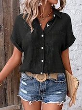cheap Work Tops-Women&#039;s Blouse V-Neck Button-Up Textured Pattern Casual Short Sleeve Summer Top Faded Blue Regular Fit Lightweight Breathable
