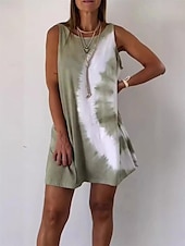 baratos Vestidos-Mulheres Minivestido Vestidos inspirados em linho Vestido casual Vestido Tipo Regata Longa Vestido de verão Casual Férias Diário Normal Tintura Tie Dye Sem Manga Gola Redonda Branco Azul cáqui