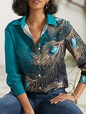 economico Top d&#039;Arte e Design per Donne-Camicia da donna Base Neon  Luminosi Bottoni Stampa Maniche Lunghe Top Regolari Collo Camicia Casual Verde Primavera Autunno