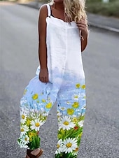 cheap Overalls-Women&#039;s Normal Overall Streetwear Floral Sleeveless Square Neck Print Street Daily Regular Fit White Pink Blue Summer
