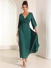economico Abiti da festa-abito da cocktail per invitati a nozze da donna in chiffon tinta unita con volant intrecciato elegante abito lungo estivo scollo a V svasato manica a 3/4
