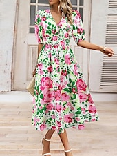 abordables Robes fleuries décontractées-Femme Robe mi-longue Robe casual Robe Évasée Robe Trapèze Robe d&#039;été mode Décontractées Vacances du quotidien Rendez-vous Standard Floral Manche Courte Col V Rose Claire Bleu Orange Vert Eté