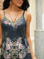 billiga Grafisk butik Tank tops &amp; Camis-Damernas linne topp tunika grund blommigt tryck ärmlös vanlig topp V-hals casual semester svart vin mörkblå grön