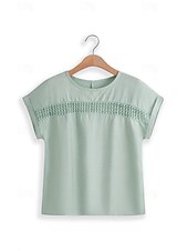 preiswerte Hemden-Damen Leinen-inspirierte Hemden Spitzen-T-Shirt Einfach Mode Kurzarm Rundhalsausschnitt Normale Oberteile Urlaub Täglich Spitze Schwarz Blau Braun Grün Khaki Sommer