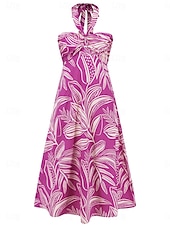 abordables Robes de vacances-Femme robe longue Robe casual Robe Évasée Robe Trapèze Robe d&#039;été mode Décontractées Vacances du quotidien Rendez-vous Standard Floral Feuille Sans Manches Dos nu Rouge Violet Orange Vert Eté