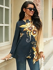 cheap Floral Tops-Women&#039;s Blouse Chiffon Floral Print Long Sleeve Long Tops Round Neck Casual Holiday Yellow Blue Green Spring &amp;  Fall