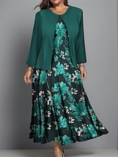 billiga Blommig klänning-Kvinnors Plus Size Midi Klänning Klänning Set Avslappnad Klänning Sväng Klänning Tryck Klänning Mode Gatu mode Blommig Tryck Lång Ärmar Rund Hals Utomhus Semester Bourgogne Mörkblå Blå Höst Vinter