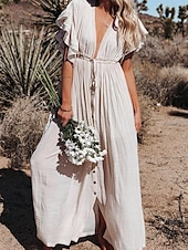 preiswerte Kleider aus Baumwolle und Leinen entwerfen-Damen Maxikleid Leinen-inspirierte Kleider Weißes Kleid Schwingkleid Sommerkleid Streetwear Maxi Basic Urlaub Ferien Strand Lässiger Schnitt Kurzarm V Ausschnitt Schwarz Weiß Khaki Beige Sommer