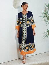 billige uformell kjole med trykk-Dame Resort Wear Maxikjole Navyblå 3/4 ermer Folk Printer Vår sommer V-hals Fritid Strandferie XS S M