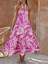 abordables Robes de vacances-Femme robe longue Robe casual Robe Évasée Robe Trapèze Robe d&#039;été mode Décontractées Vacances du quotidien Rendez-vous Standard Floral Feuille Sans Manches Dos nu Rouge Violet Orange Vert Eté