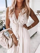 billiga Vita spetsklänningar-Dam Midiklänning Spetsklänning Solklänning Boho-klänning Vit Boho klänning bohemliv Semester Gata Helgdag Normal Ärmlös V-hals Aprikos Sommar