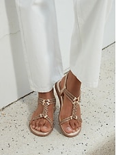 cheap Vacation Sandals-Women&#039;s Rhinestone Embellished T-Strap Sandals – Boho Glitter Flat Sandals with Elastic Ankle Strap for Summer Beach and Party Wear