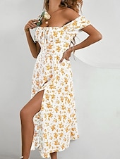 cheap Casual Floral Dresses-Women&#039;s Casual Dress Swing Dress Floral Split Print Square Neck Midi Dress Stylish Casual Daily Date Short Sleeve Summer