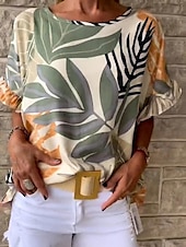 economico Magliette-Per donna maglietta Floreale Di tendenza Manica corta Rotonda Top regolari Da mare Fine settimana Con balze Stampa Verde Beige Grigio Azzurro Estate
