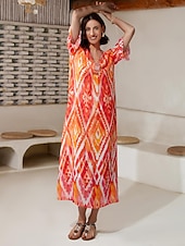 ieftine Rochii florale-Pentru femei Rochie Midi Rochii Midi Portocaliu Manșon scurt Folk Imprimare Primavara vara În V Rochie model S M L