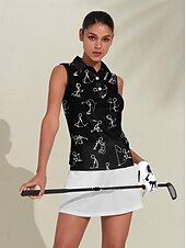 cheap Polos &amp; Quarterzips-Women&#039;s Golf Polo Shirt Black White Sleeveless Top Cartoon Ladies Golf Attire Clothes Outfits Wear Apparel
