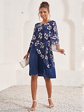 preiswerte Blumenkleider-Damen Hochzeitsgastkleid A-Linien-Kleid elegantes geblümtes Midikleid Chiffon ausgestellte Ärmel Rundhalsausschnitt Patchwork normale Passform Hochzeitsgast Cocktailparty blau Sommer