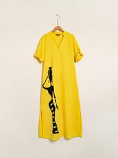 voordelige Bloemenjurken-Dames Zoom Maxi Maxi-jurk Geel Korte mouw Grafische prints Karakters Dichtknopen Zak Zomer V-hals Jurken XS S M