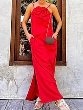 economico disegnare abiti in cotone e lino-Per donna Nero Rosso Albicocca Estate Primavera Abito maxi Abiti in cotone e lino Vestito Casual Abito con spalline Essenziale Moderno Quotidiano Weekend Vestibilità comoda Semplice Spalline sottili