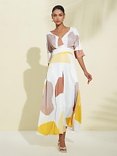 economico abito casual stampato-Abito maxi con scollo a V floreale con tasche in raso