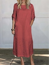 preiswerte Kleider aus Baumwolle und Leinen entwerfen-Damen Schwarz Weiß Rote Sommer Frühling Maxikleid Weißes Kleid Baumwoll-Leinen-Kleider Shiftkleid Basic Modern Täglich Wochenende Lässiger Schnitt Einfach Rundhalsausschnitt