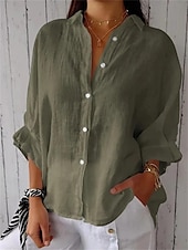 preiswerte Hemden-Damen Hemd Baumwoll-Leinen-Hemden Knopfleiste Bluse Einfach Basic Modern Hemdkragen Straße Täglich Knöpfe Schwarz Weiß Rosa Armeegrün Sommer