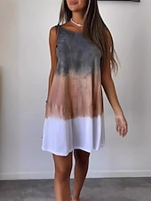 baratos Vestidos-Mulheres Minivestido Vestidos inspirados em linho Vestido casual Vestido Tipo Regata Longa Vestido de verão Casual Férias Diário Normal Tintura Tie Dye Sem Manga Gola Redonda Branco Azul cáqui