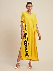 voordelige Bloemenjurken-Dames Zoom Maxi Maxi-jurk Geel Korte mouw Grafische prints Karakters Dichtknopen Zak Zomer V-hals Jurken XS S M