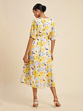 abordables robe décontractée imprimée-robe mi-longue fluide à imprimé floral