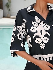 Top de mujer de satén con mangas raglán, media manga, solapa moderna, estampado negro, para vacaciones, informal, para uso diario, primavera, verano y otoño. abordables Blusas y camisas-Top de mujer de satén con mangas raglán, media manga, solapa moderna, estampado negro, para vacaciones, informal, para uso diario, primavera, verano y otoño.