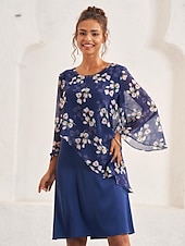 preiswerte Blumenkleider-Damen Hochzeitsgastkleid A-Linien-Kleid elegantes geblümtes Midikleid Chiffon ausgestellte Ärmel Rundhalsausschnitt Patchwork normale Passform Hochzeitsgast Cocktailparty blau Sommer