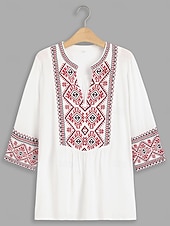 billige Kvinnenes ferietopper-Dame Bluse Blomstret Geometrisk Bohem Halvlange ermer Crew-hals Daglig Broderi Svart Hvit Sommer Vår Høst