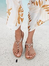 economico Infradito da Vacanza-sandali da donna con cinturino a T e perline in stile boho – scarpe estive casual piatte con cinturino elastico alla caviglia, perfette per la spiaggia e per l&#039;uso quotidiano