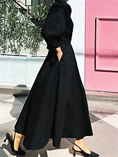 levne Bílé šaty pro volný čas-Dámské Bílé šaty Košilové šaty Bavlněné plátěné šaty Maxi dlouhé šaty Rande Dovolená Polyester Základní Košilový límec Tlačítko Kapsy Dlouhý rukáv Léto Jaro Běžný Bez vzoru