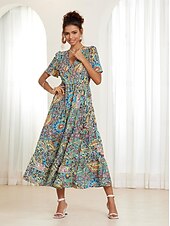 abordables Robes de vacances-robe midi bohème pour femme col en V manches courtes imprimé cachemire évasé été décontracté tissu léger et respirant coloré style bohème vacances vêtements de plage multicolore disponible en