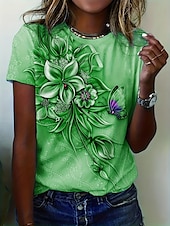 cheap Floral tee-Women&#039;s T-shirt Floral Crew Neck Short Sleeve 3D Butterfly Print Elegant Casual Wear Spring Summer Comfort Fit Purple Multisize Fashion Top