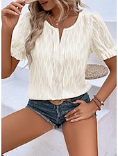 cheap Plain tee-Women&#039;s White Elegant Lace Tops Eyelet Blouse Dressy Tops Plain Regular Tops Short Sleeve Puff Sleeve V Neck Lace Regular Fit Vacation Daily Romantic Petite Tops Summer Holiday Wear Blue Purple Khaki