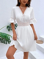 cheap Plain Dress-Women's Knee Length Dress Sundress Casual Dress Vacation Casual Boho Beach Party Date Regular Fit Plain Short Sleeve V Neck Blue White Yellow Red Summer Spring