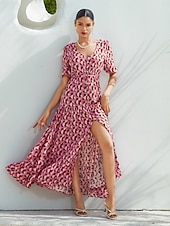 baratos vestido casual estampado-Mulheres Roupas de resort Vestido Longo Vestido Maxi Rosa Manga Curta Geométrico Com Cordão Primavera Verão Decote V férias na praia S M L