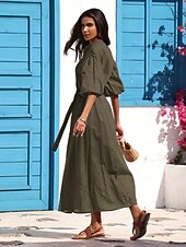 cheap Casual Dress-Women&#039;s Linen Cotton Shirt Maxi Dress Red Casual Collared Button-Down Loose Fit Puff Sleeve Belted