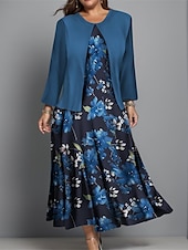 billiga Blommig klänning-Kvinnors Plus Size Midi Klänning Klänning Set Avslappnad Klänning Sväng Klänning Tryck Klänning Mode Gatu mode Blommig Tryck Lång Ärmar Rund Hals Utomhus Semester Bourgogne Mörkblå Blå Höst Vinter