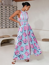 preiswerte Elegante Blumenkleider-Damen Neckholder-Kleid Kleid drucken Maxidress Gelb Blau Ärmellos Blumen / Pflanzen Rückenfrei Elastische Taille Print Sommer Halfterhals Urlaub XS S M