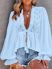 levne Krajkové topy-Dámské Košile Boho košile Halenka Bez vzoru Módní Do V ulice Denní Krajka Bílá Nebeská modř Léto