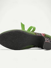 preiswerte Mary Jane Pumps-Women's Green Leather Mary Jane Heels with Floral Print, Ribbon Ties, and Retro Style - Perfect for Vintage-Themed Events and Daily Elegance