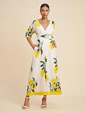 halpa Tyylikkäät kukkaiset mekot-Naisten Helma Maxi Satiini Maxi Maksimekko Keltainen Puolihiha Hedelmä Painettu Kevät ja kesä V kaula-aukko Hameet Loma S M L