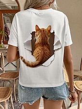 cheap Animals tee-Women&#039;s T Shirt Fashion Cat Print Short Sleeve Regular Tops Round Neck Daily Weekend White Summer 3D cat