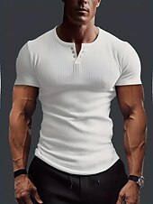 halpa Rento Henley T-paita-Miesten Lyhythihainen paita Ribbineulos T-paita T-paita Yhtenäinen väri Pit Strip Henley ei-tulostus ulko- Kausaliteetti Lyhythihainen nappi Vaatetus Urheilu Päivittäin