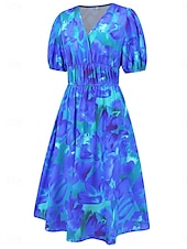 abordables Robes fleuries décontractées-Femme Robe mi-longue Robe casual Robe Évasée Robe Trapèze Robe d&#039;été mode Décontractées Vacances du quotidien Rendez-vous Standard Floral Manche Courte Col V Rose Claire Bleu Orange Vert Eté