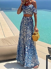 ieftine Rochii casual florale-Pentru femei Set de rochii Rochie casual Set fuste Rochie leagăn Activ Modă Floral Fără Spate Imprimeu Rochie Lunga Rochie Maxi Manșon scurt Cu Bretele În aer liber Vacanță Albastru piscină Vară